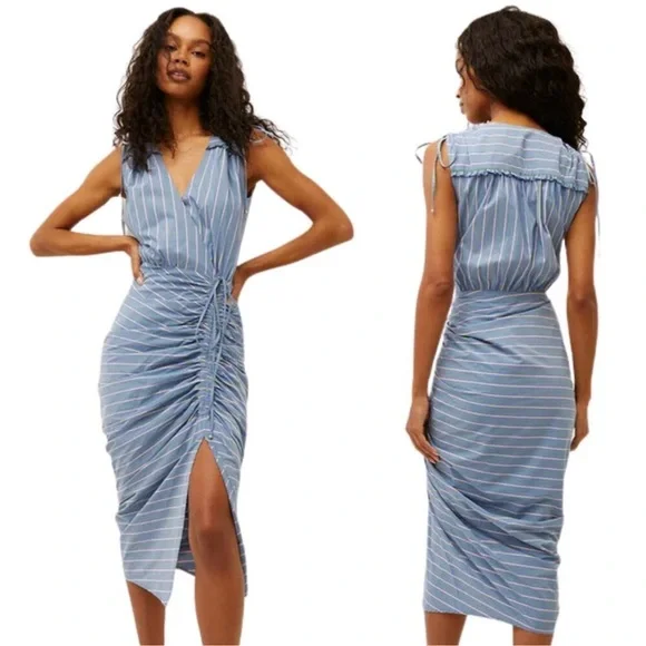 NWT Veronica Beard Teagan Stripe Ruched V-Neck Midi Dress Blue Size 6 Side Slit - Picture 1 of 16